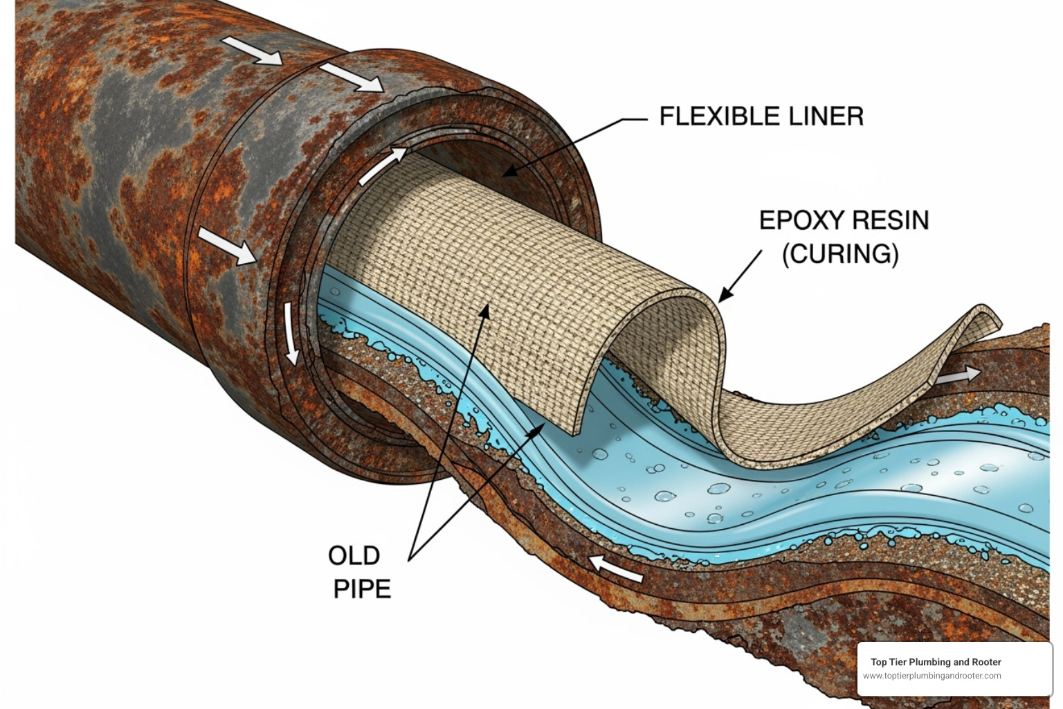 An illustration of the CIPP process with a liner being inserted into an old pipe, showing the epoxy resin curing to form a new inner pipe - trenchless sewer replacement San Bernardino County