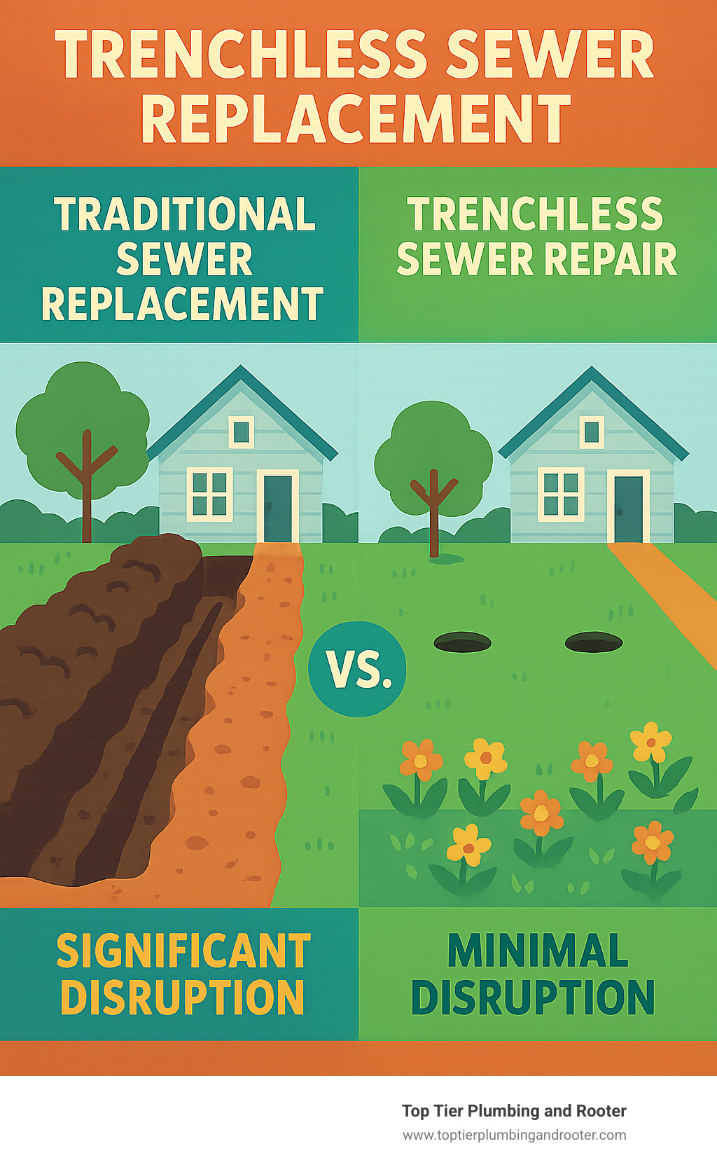 Infographic comparing traditional sewer replacement showing large excavated trench destroying landscaping versus trenchless repair showing only two small access points with pristine yard intact, highlighting minimal disruption and property preservation - trenchless sewer replacement San Bernardino County infographic 