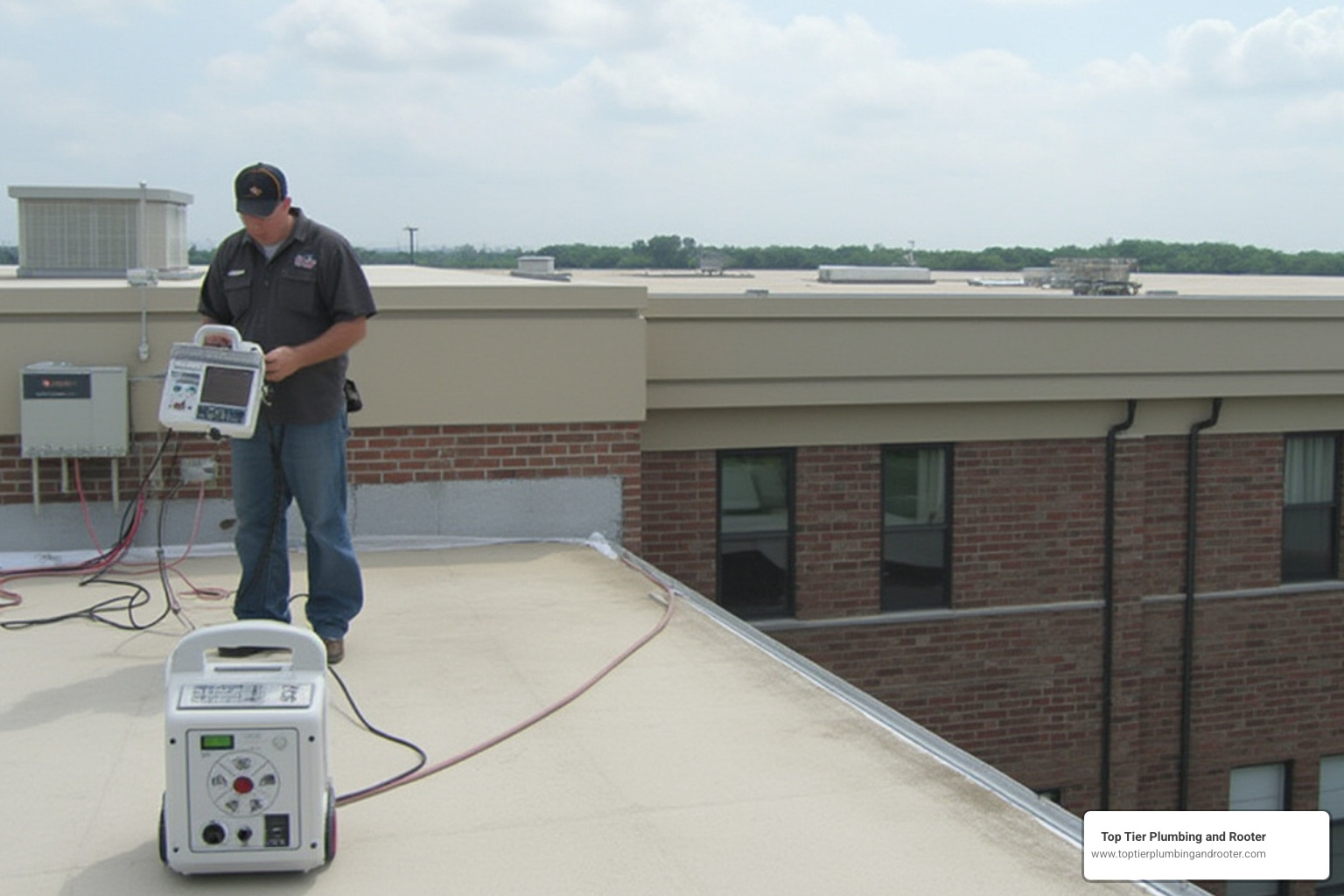 a technician testing a flat roof on a commercial building - electronic leak detection a technician testing a flat roof on a commercial building - electronic leak detection