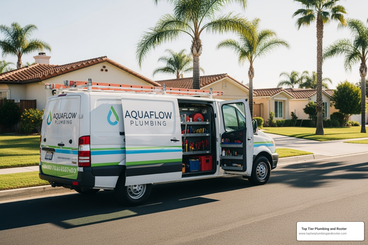 a friendly plumber's service van with a local backdrop - Riverside emergency plumbing a friendly plumber's service van with a local backdrop - Riverside emergency plumbing