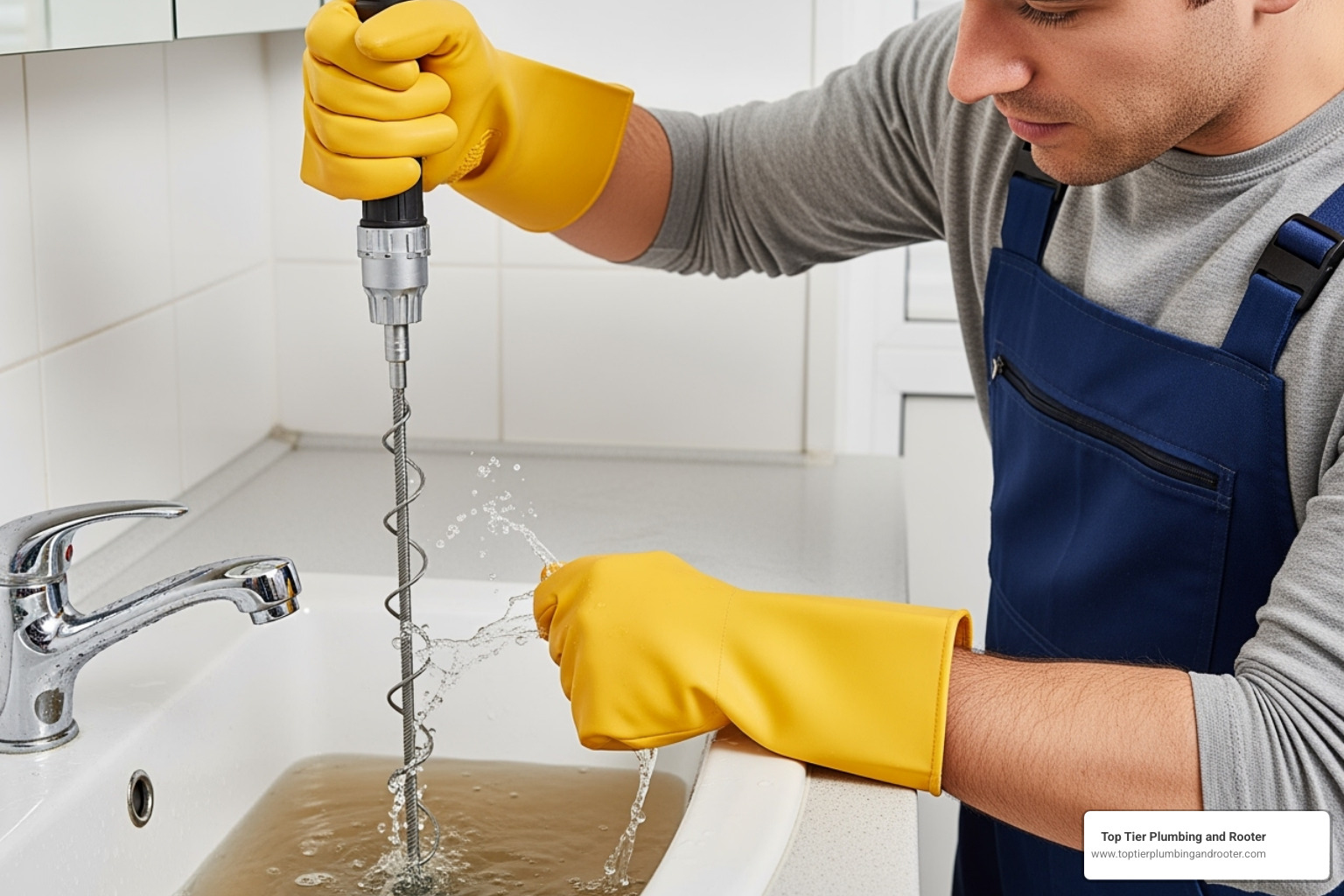 person using drain snake - Drainage blockage removal person using drain snake - Drainage blockage removal