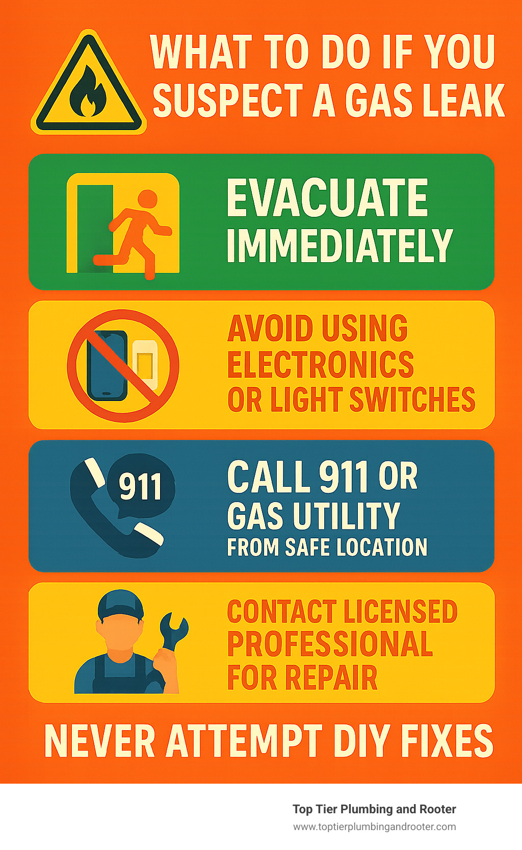 Infographic showing immediate gas leak response steps: evacuate immediately, avoid using electronics or light switches, call 911 or gas utility from safe location, contact licensed professional for repair, never attempt DIY fixes - gas line repair Riverside infographic  Infographic showing immediate gas leak response steps: evacuate immediately, avoid using electronics or light switches, call 911 or gas utility from safe location, contact licensed professional for repair, never attempt DIY fixes - gas line repair Riverside infographic
