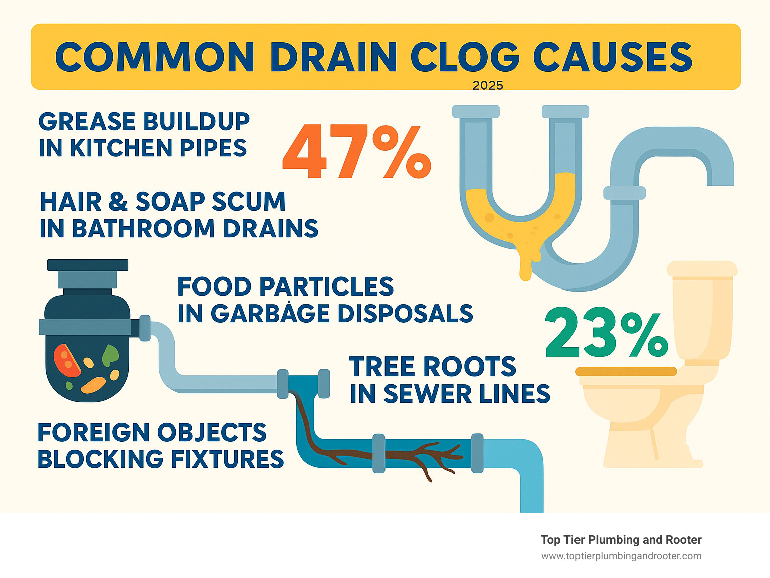 Infographic showing common drain clog causes including grease buildup in kitchen pipes, hair and soap scum in bathroom drains, food particles in garbage disposals, tree roots infiltrating sewer lines, and foreign objects blocking fixtures, with percentages showing grease causes 47% of kitchen clogs, hair causes 39% of bathroom clogs, and tree roots cause 23% of main line issues - drain services Riverside County infographic  Infographic showing common drain clog causes including grease buildup in kitchen pipes, hair and soap scum in bathroom drains, food particles in garbage disposals, tree roots infiltrating sewer lines, and foreign objects blocking fixtures, with percentages showing grease causes 47% of kitchen clogs, hair causes 39% of bathroom clogs, and tree roots cause 23% of main line issues - drain services Riverside County infographic
