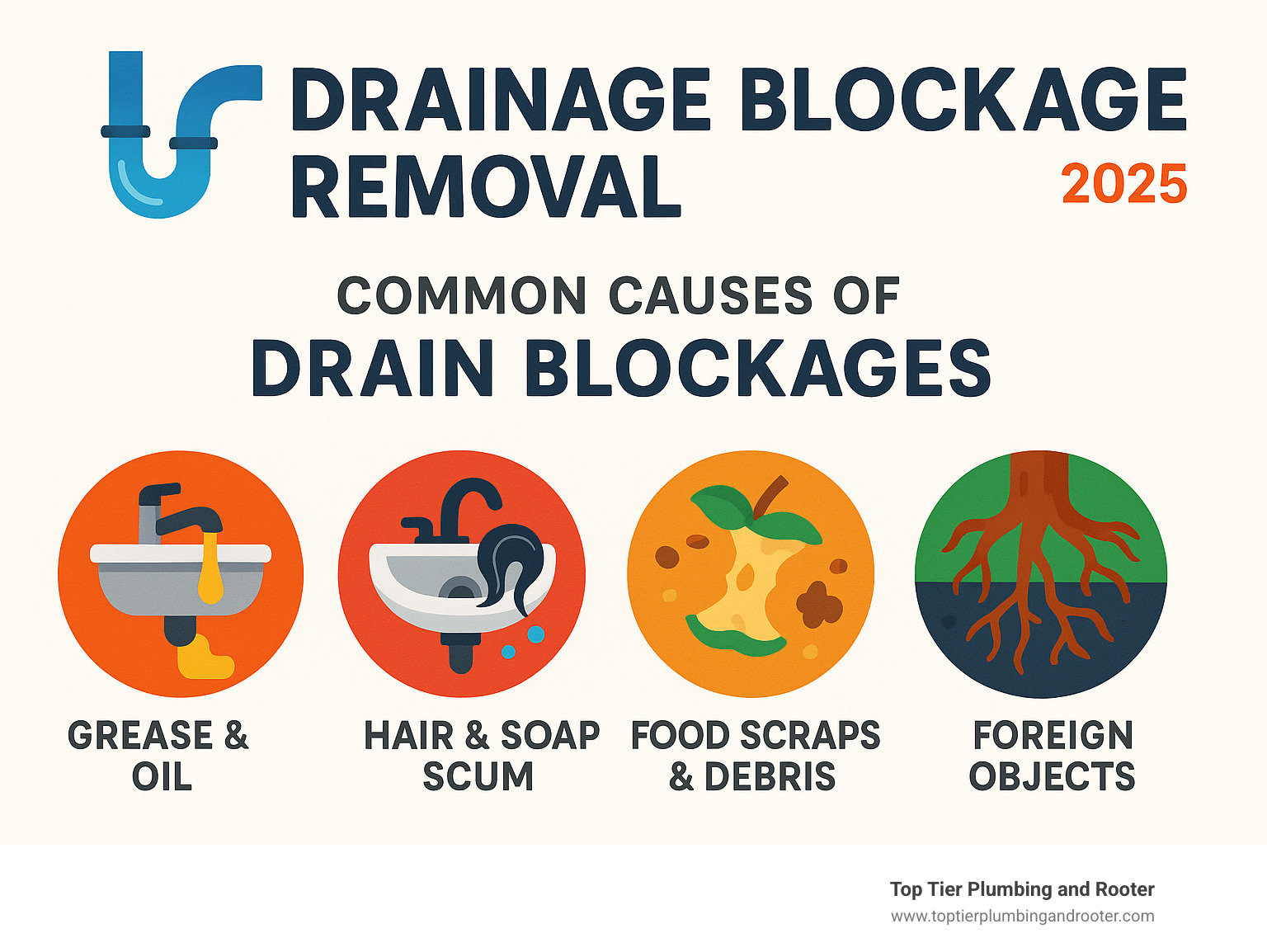 Infographic showing the most common causes of drain blockages including grease and oil buildup in kitchen sinks, hair and soap scum in bathroom drains, food scraps and debris, tree roots in main lines, and foreign objects like wipes and cotton swabs - Drainage blockage removal infographic  Infographic showing the most common causes of drain blockages including grease and oil buildup in kitchen sinks, hair and soap scum in bathroom drains, food scraps and debris, tree roots in main lines, and foreign objects like wipes and cotton swabs - Drainage blockage removal infographic