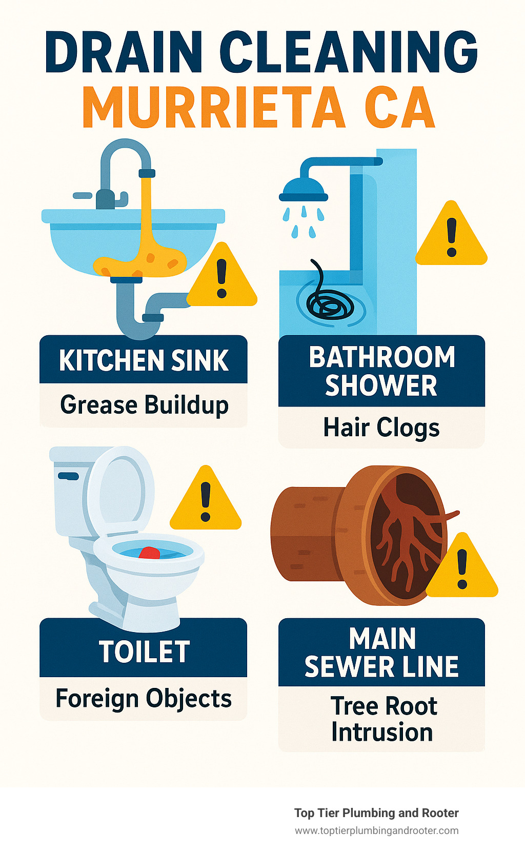 Infographic showing common drain clog locations in Murrieta homes including kitchen sink with grease buildup, bathroom shower with hair clogs, toilet with foreign objects, and main sewer line with tree root intrusion, along with corresponding warning signs for each location - Drain cleaning Murrieta CA infographic 