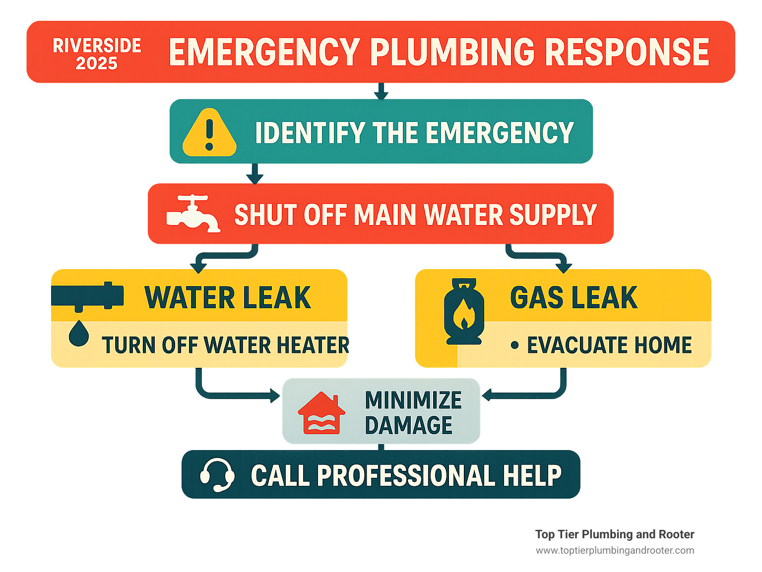 Emergency plumbing response flowchart showing steps from identifying the emergency through calling professional help, including safety measures for water leaks versus gas leaks, and immediate actions to minimize property damage - Riverside emergency plumbing infographic  Emergency plumbing response flowchart showing steps from identifying the emergency through calling professional help, including safety measures for water leaks versus gas leaks, and immediate actions to minimize property damage - Riverside emergency plumbing infographic