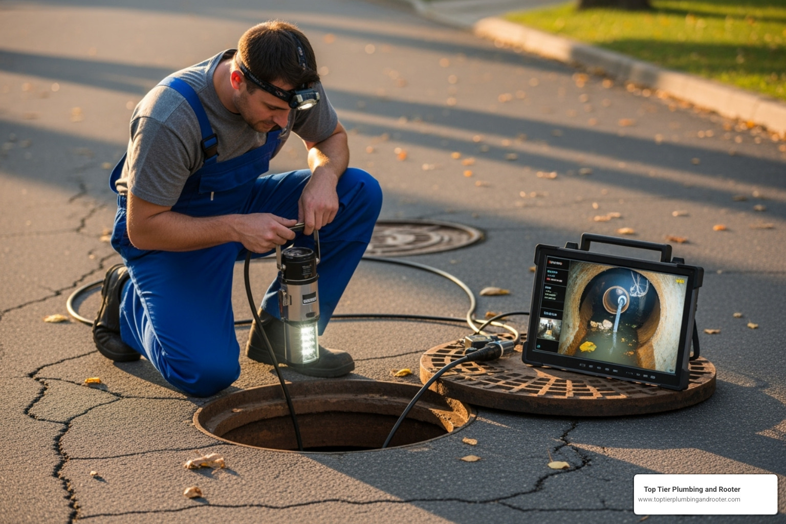 A plumber inserting a video camera into a sewer line for inspection. - Main sewer line clog A plumber inserting a video camera into a sewer line for inspection. - Main sewer line clog