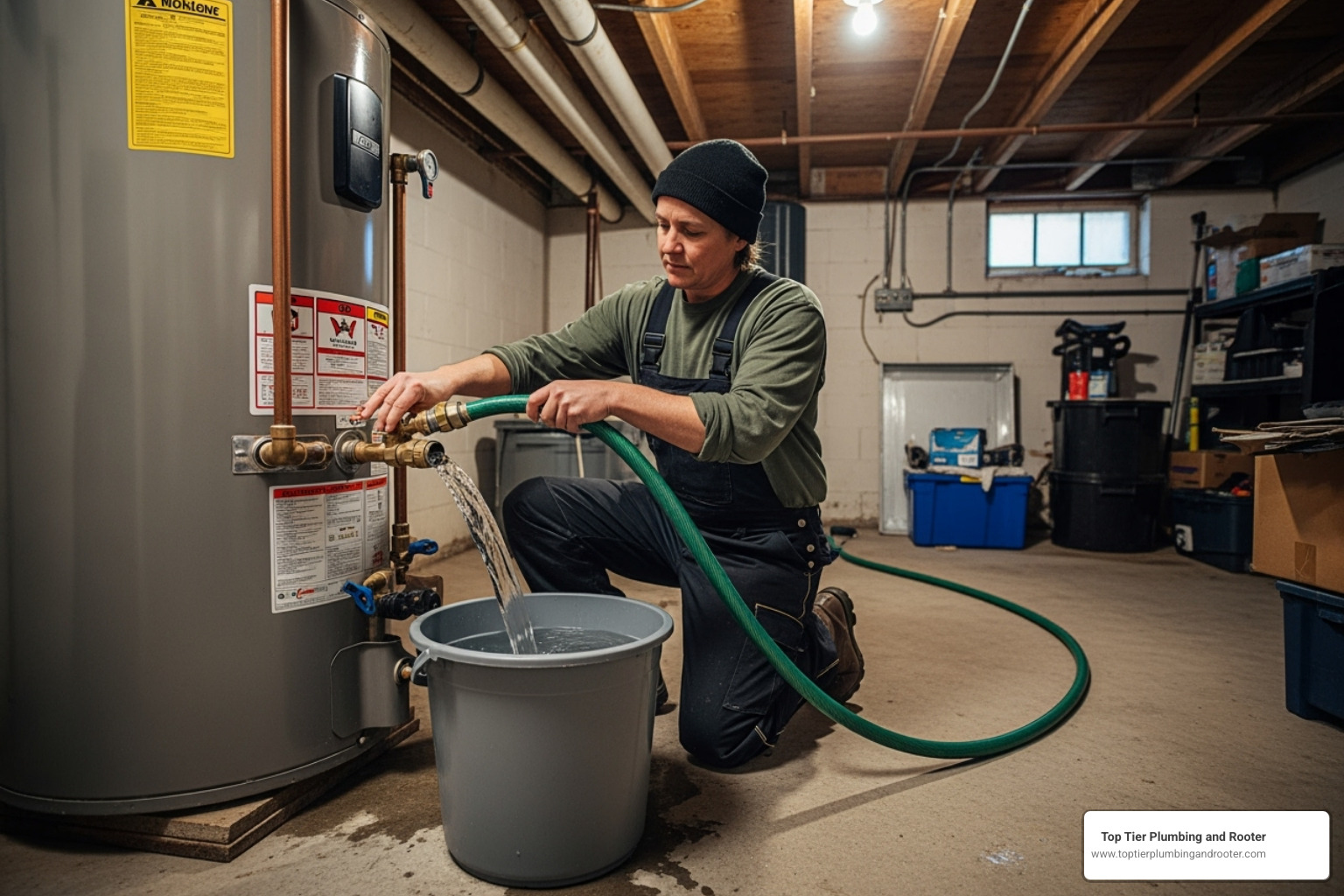 homeowner flushing a water heater with a garden hose - water heater leak