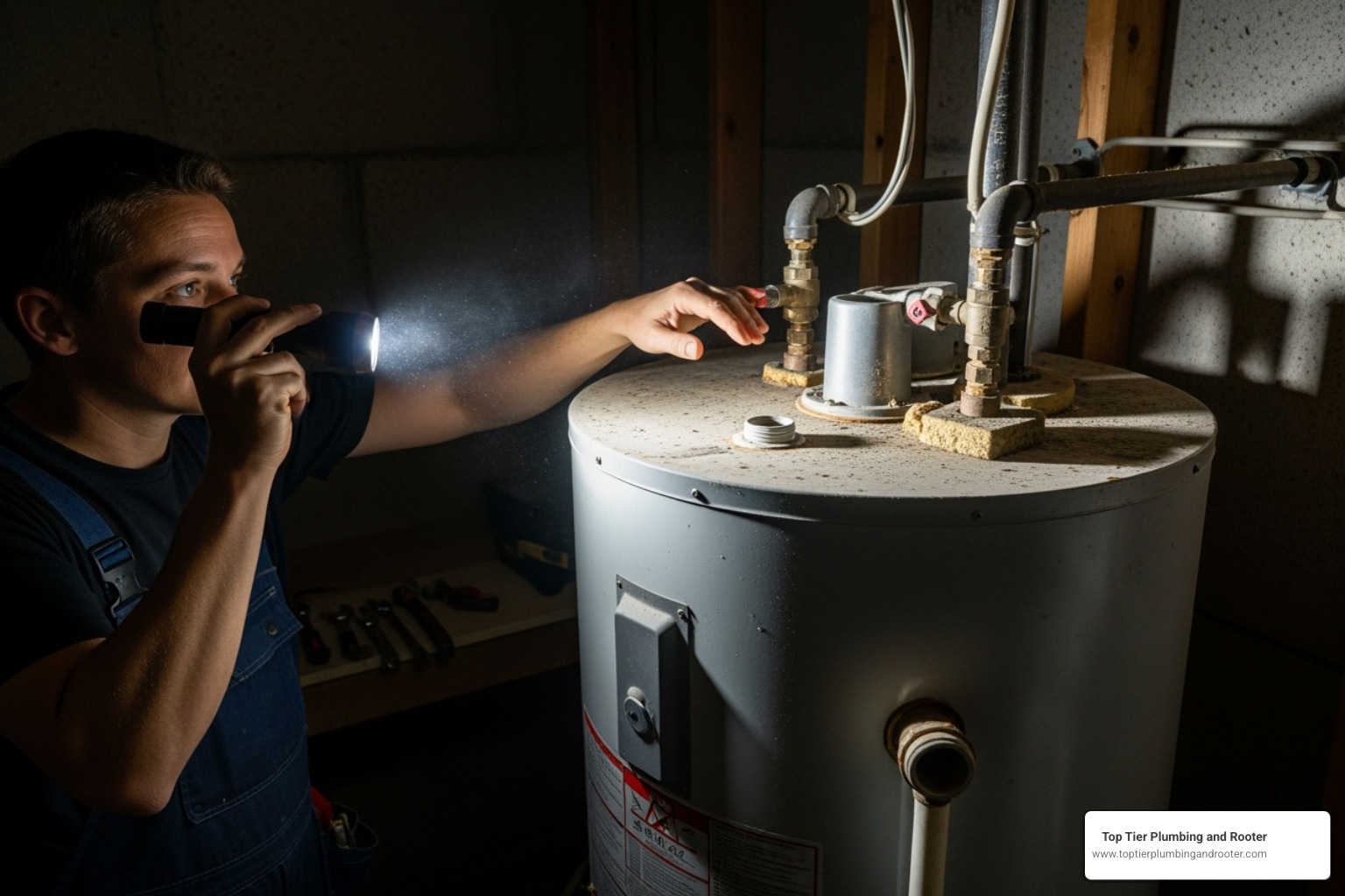 person inspecting top of water heater with flashlight - water heater leak