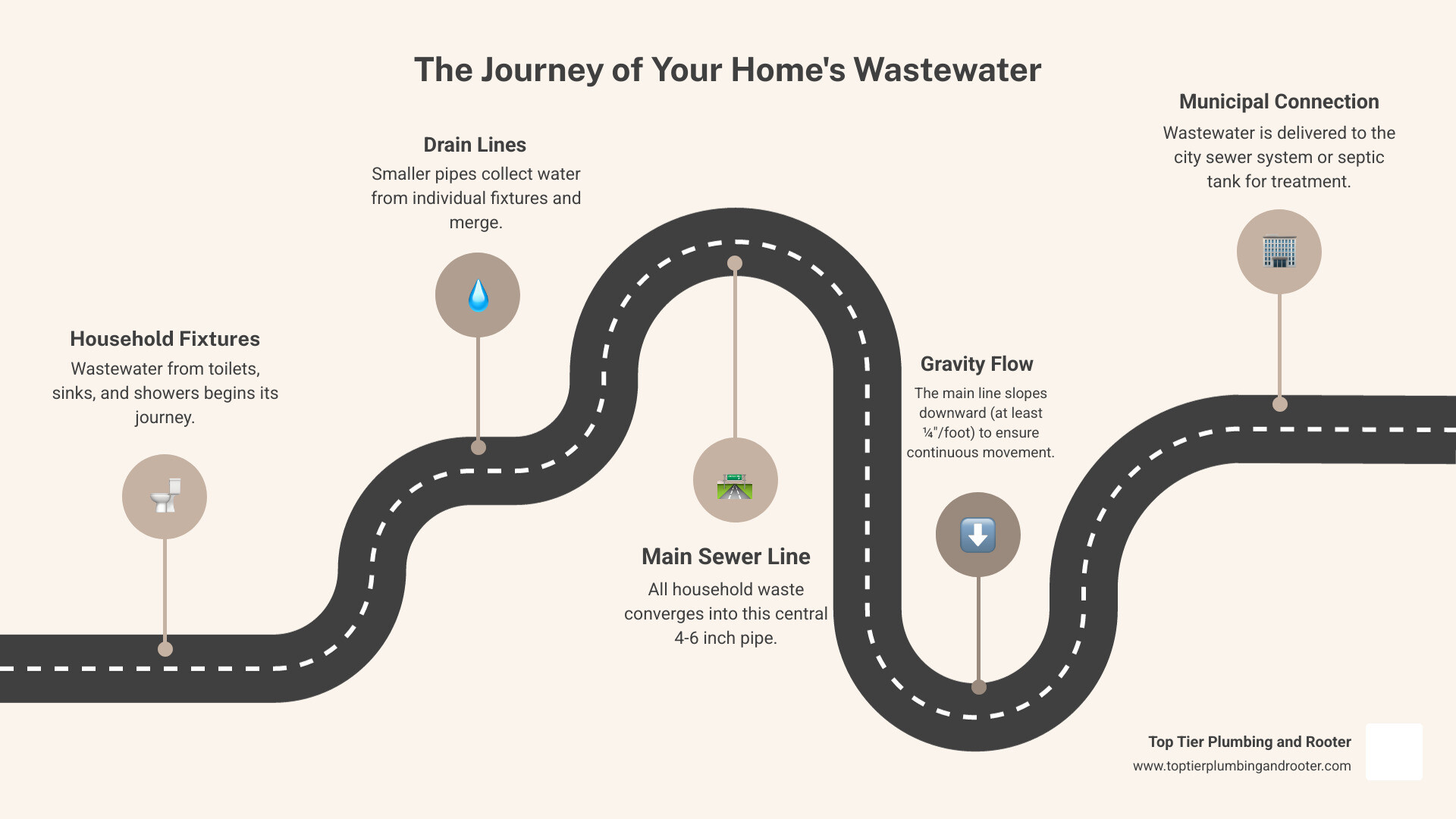 Detailed infographic showing the complete journey of wastewater from household fixtures through drain lines to the main sewer line and finally to the municipal sewer system, including pipe sizes, slopes, and connection points - main sewer line infographic roadmap-5-steps Detailed infographic showing the complete journey of wastewater from household fixtures through drain lines to the main sewer line and finally to the municipal sewer system, including pipe sizes, slopes, and connection points - main sewer line infographic roadmap-5-steps