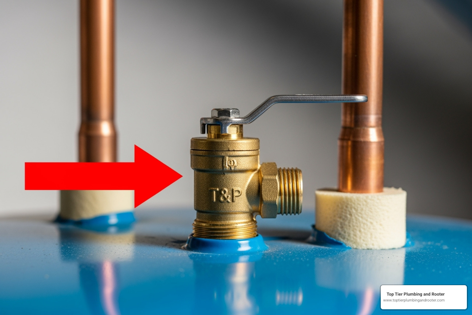 close-up of a T&P valve with an arrow pointing to it - water heater leak
