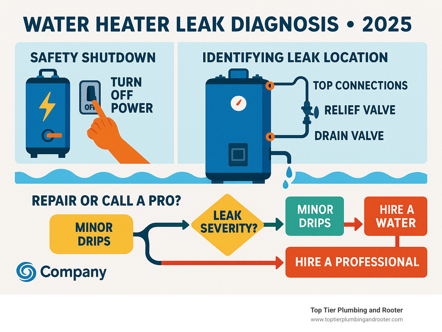 Step-by-step water heater leak diagnosis infographic showing safety shutdown procedures, leak location identification methods, and decision flowchart for DIY fixes versus professional repair needs - water heater leak infographic 