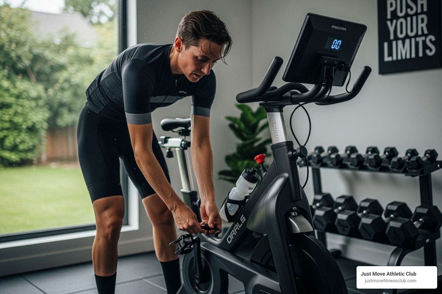 cyclist setting up stationary bike - high intensity cycling