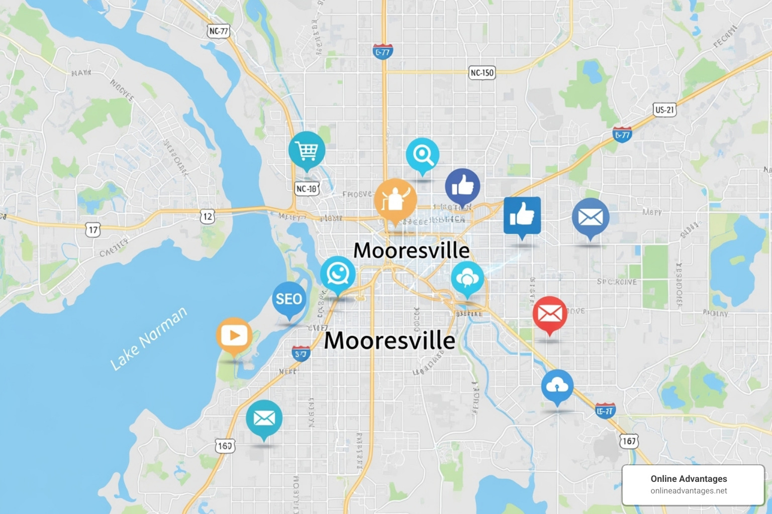 map of Mooresville with digital icons - Mooresville digital marketing
