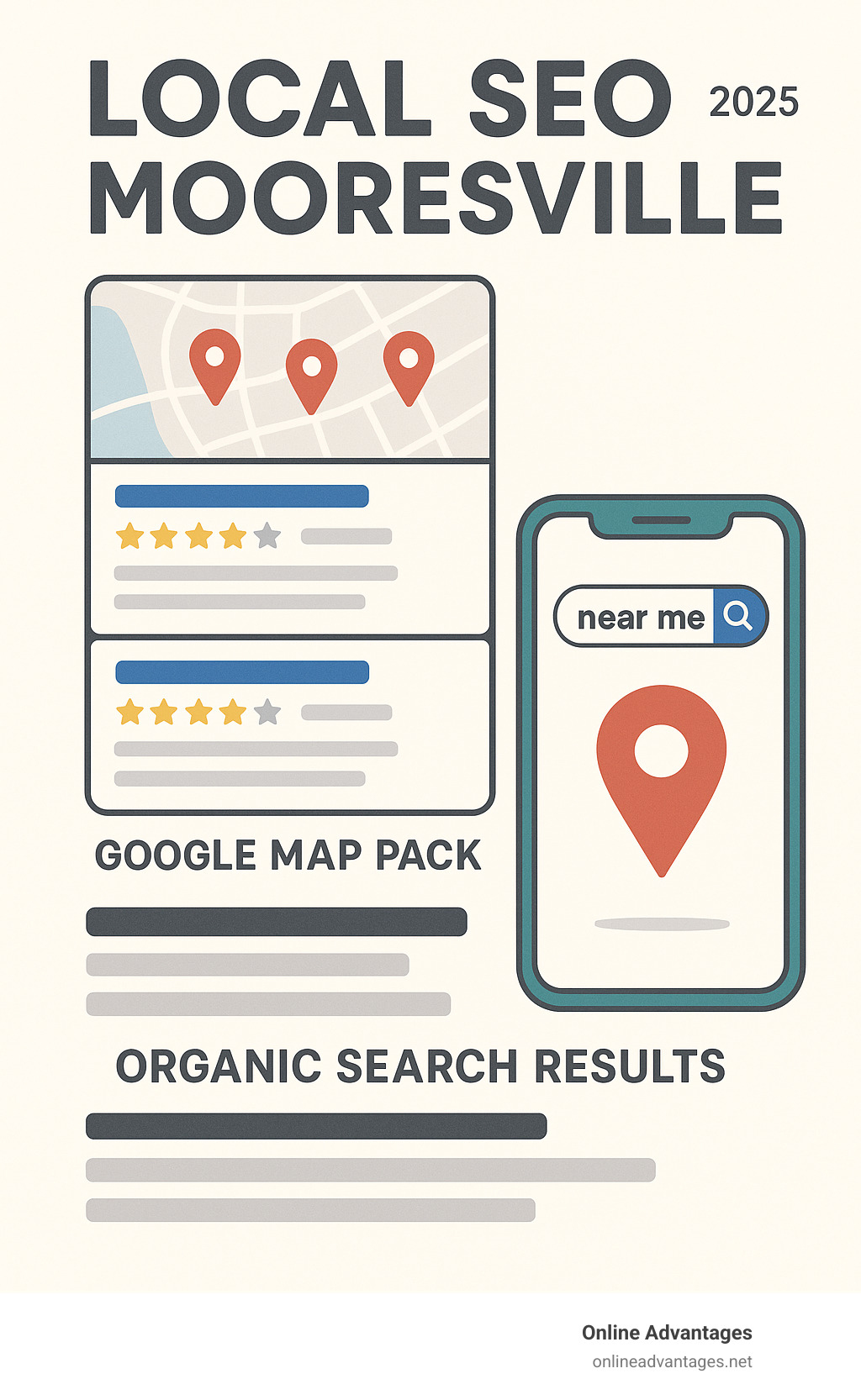 Infographic showing local search results with Google Map Pack displaying three local businesses, organic search results below, and mobile phone displaying "near me" search with location pin - local seo mooresville infographic 