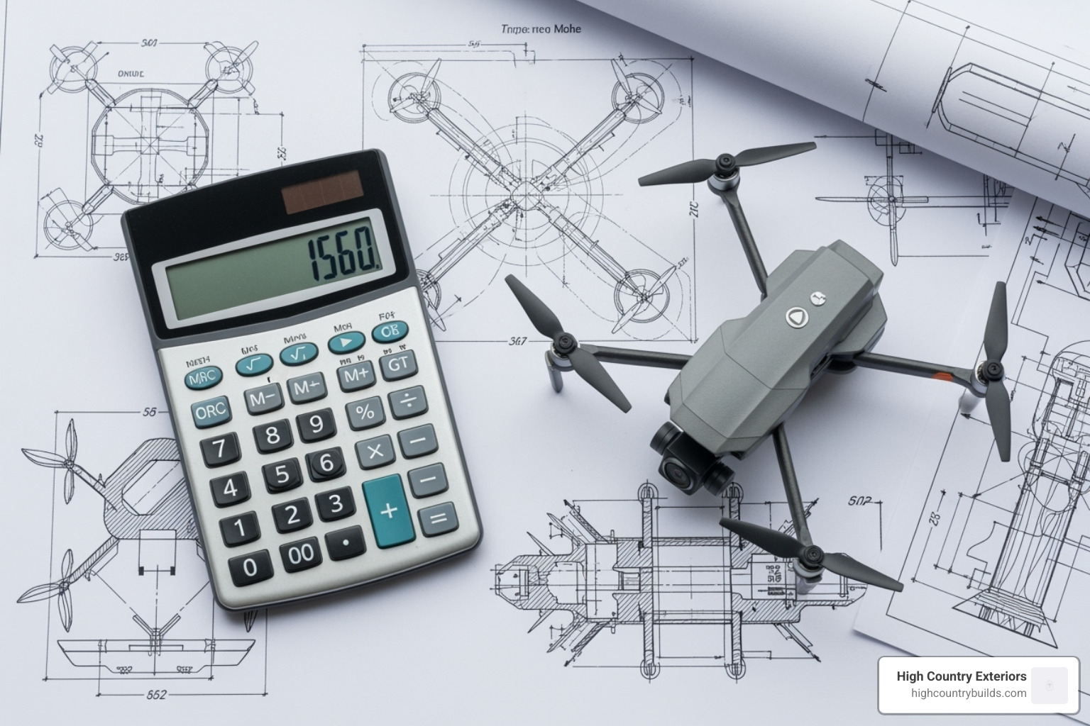 calculator and small drone model on blueprint - drone roof inspection cost
