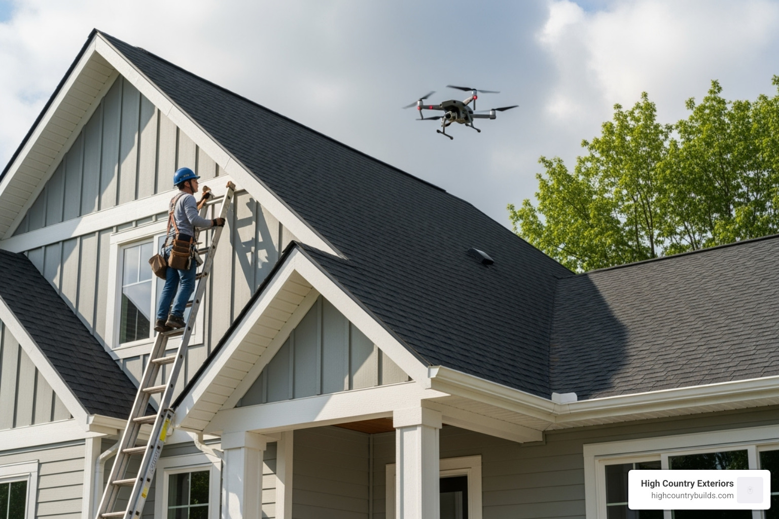 person on ladder next to drone inspecting roof - drone roof inspection cost