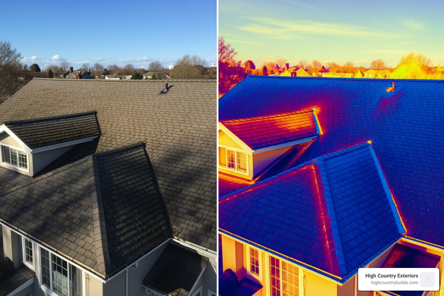 split screen of normal photo and thermal image of roof - drone roof inspection cost
