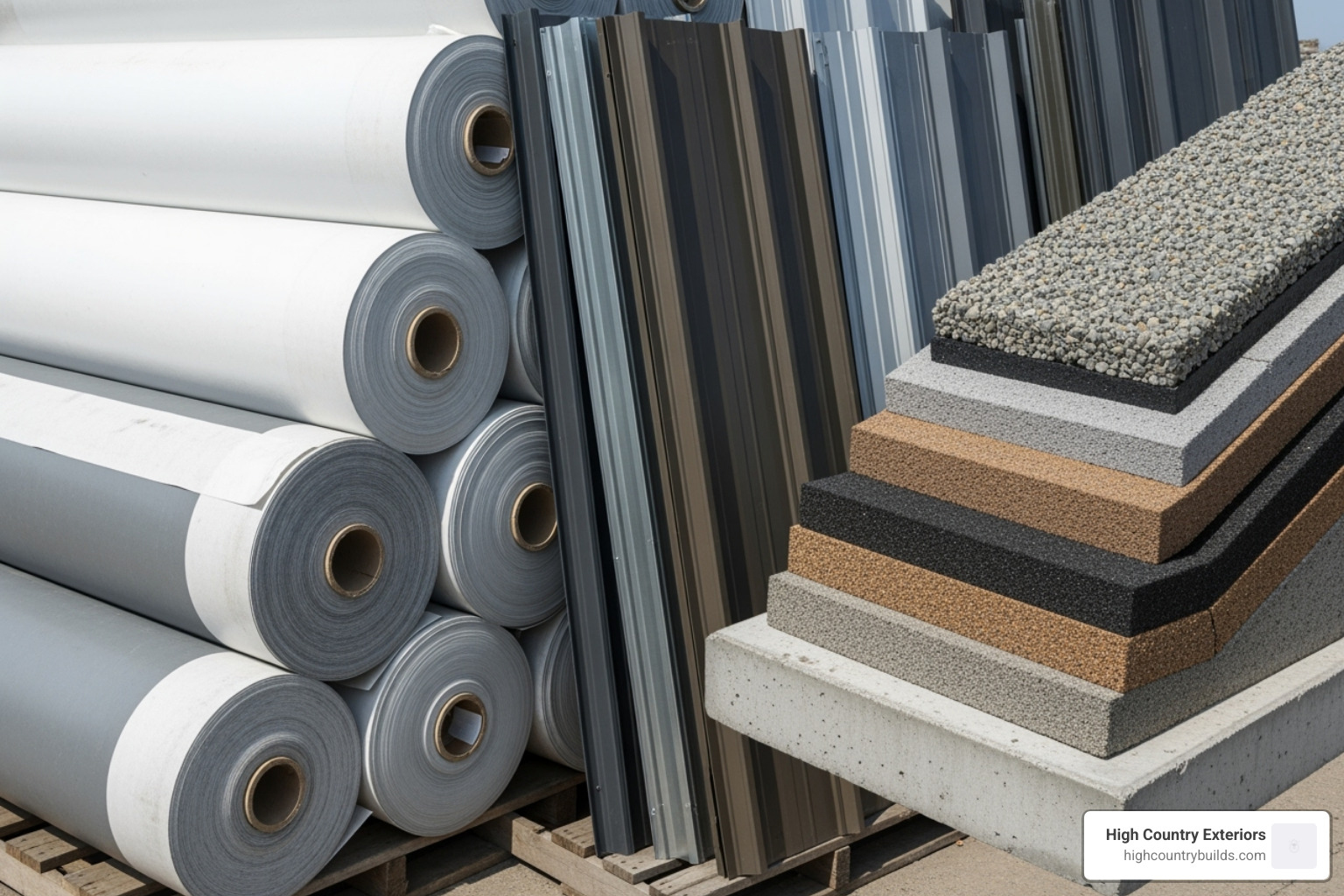 Various commercial roofing materials like TPO rolls, metal panels, and a built-up roof section - what is a commercial roofer