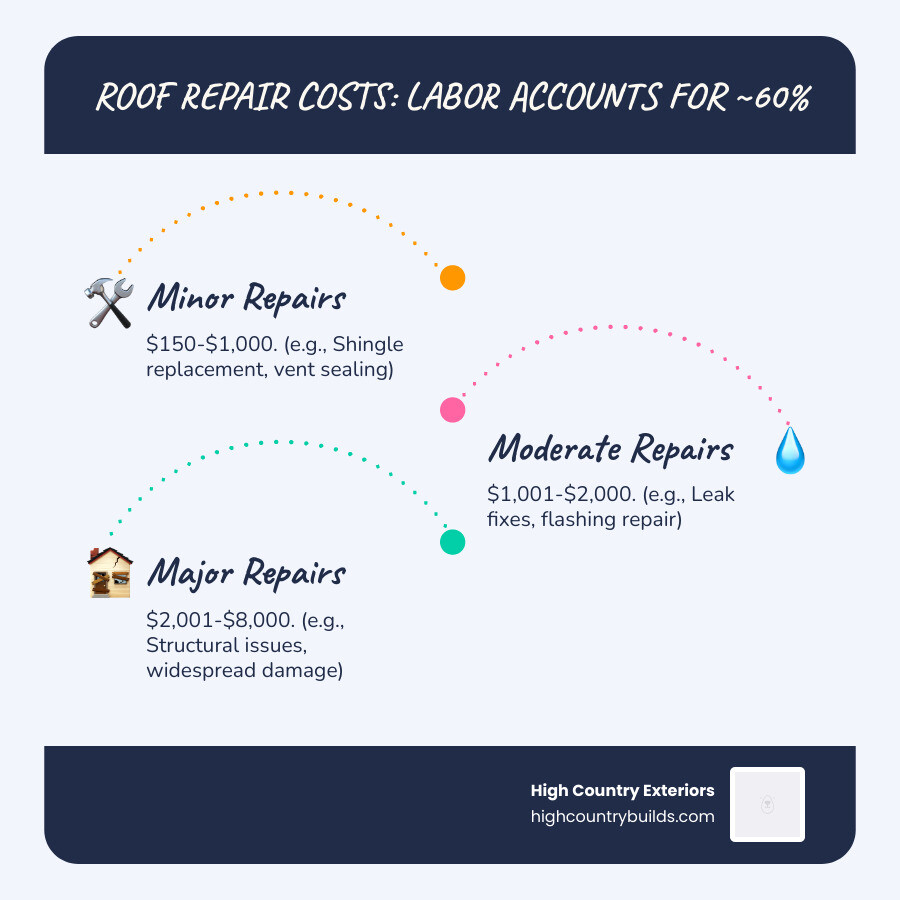 Infographic showing roof repair cost breakdown: Minor repairs $150-$1,000 for simple fixes like shingle replacement, Moderate repairs $1,001-$2,000 for leak repairs and flashing work, Major repairs $2,001-$8,000 for structural damage and extensive water damage restoration, with labor costs representing 60% of total expenses - Roof repair costs infographic infographic-line-3-steps-blues-accent_colors