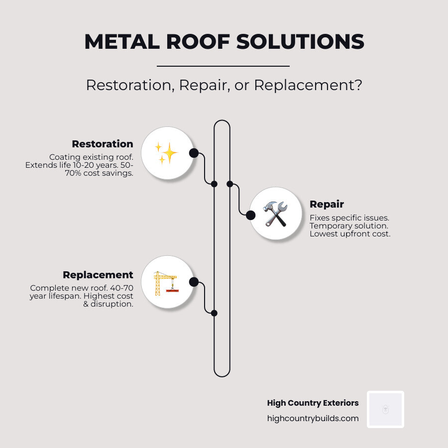 Infographic showing three columns comparing Metal Roof Restoration (coating existing roof, 10-20 year extension, 50-70% cost savings), Metal Roof Repair (fixing specific issues, temporary solution, lowest upfront cost), and Metal Roof Replacement (complete new roof, 40-70 year lifespan, highest cost and disruption) - metal roof restoration near me infographic infographic-line-3-steps-neat_beige