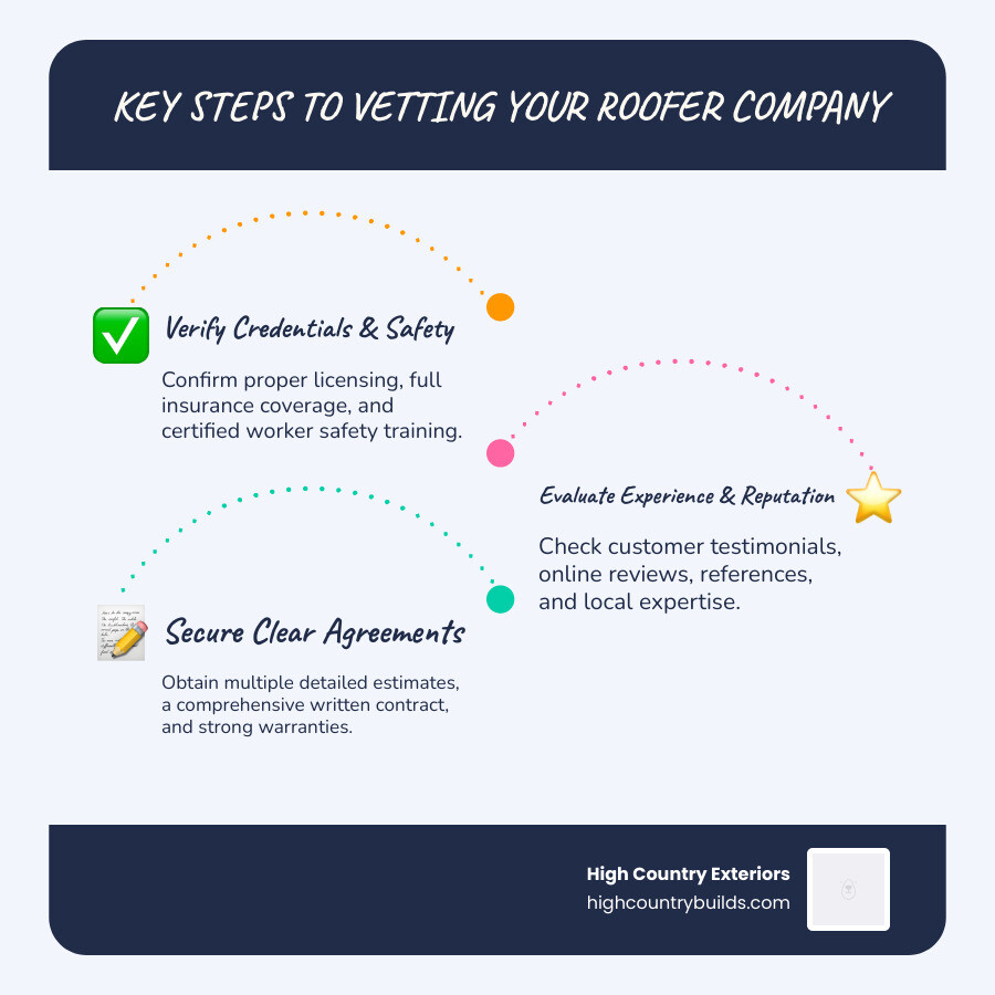Detailed infographic showing the 5 essential steps to vetting a roofing contractor: 1) Verify licensing and insurance credentials, 2) Check references and online reviews, 3) Obtain multiple written estimates, 4) Confirm safety training certifications, 5) Review contract terms and warranties - roofer company infographic infographic-line-3-steps-blues-accent_colors