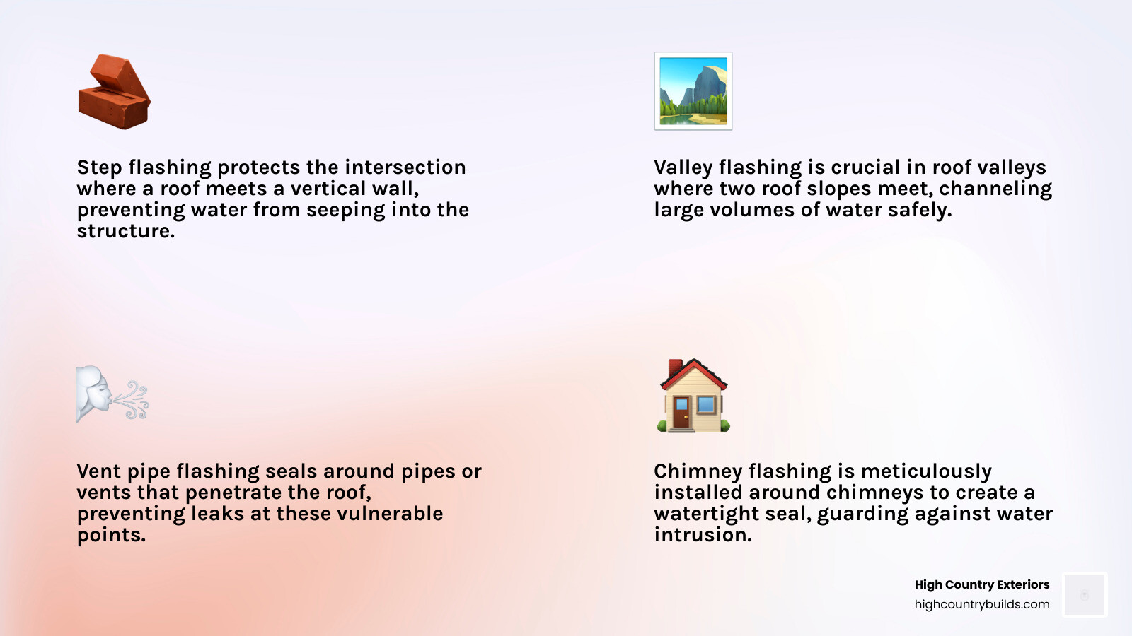 Infographic showing different types of roof flashing locations including step flashing along walls, valley flashing in roof valleys, vent pipe flashing around penetrations, chimney flashing around chimneys, and drip edge flashing along roof edges - Roof flashing repair infographic 4_facts_emoji_light-gradient