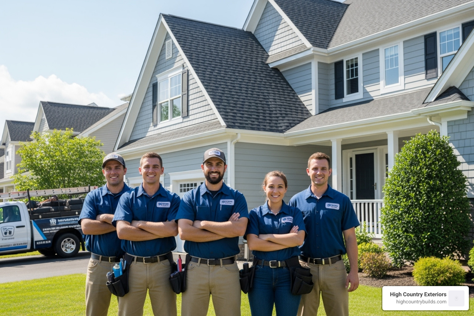 High Country Exteriors team in front of a completed residential roofing project - Insured roofing services
