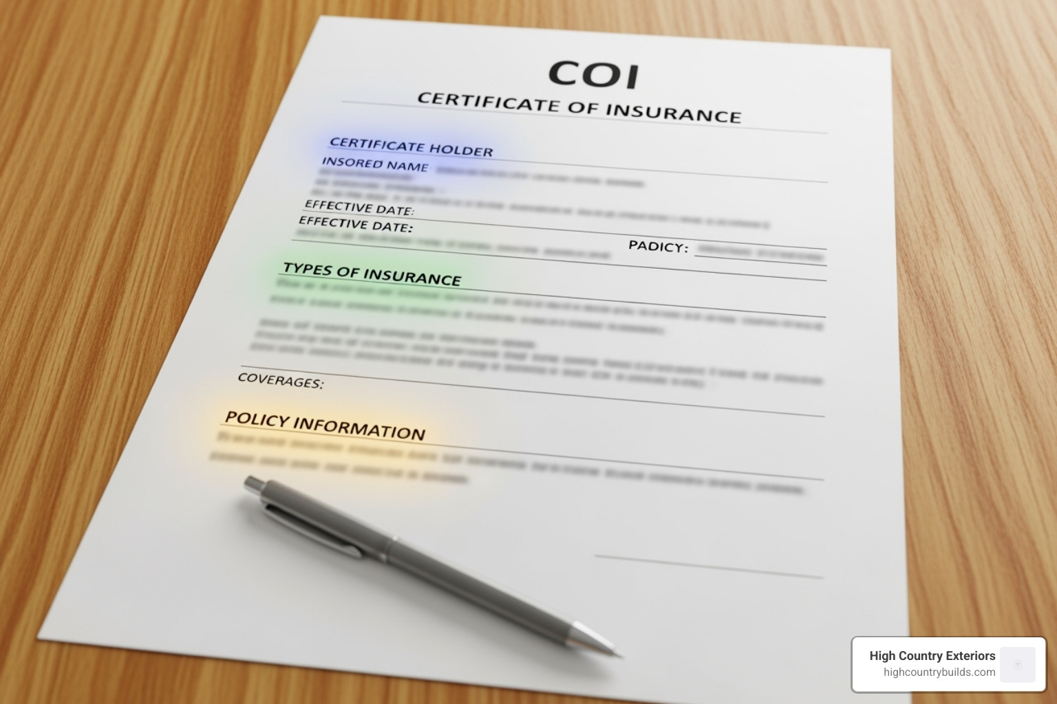 Certificate of Insurance (COI) document with key sections highlighted - Insured roofing services