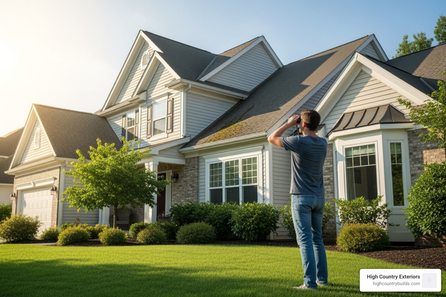 A homeowner inspecting their roof from the ground with binoculars - residential roof repairs near me