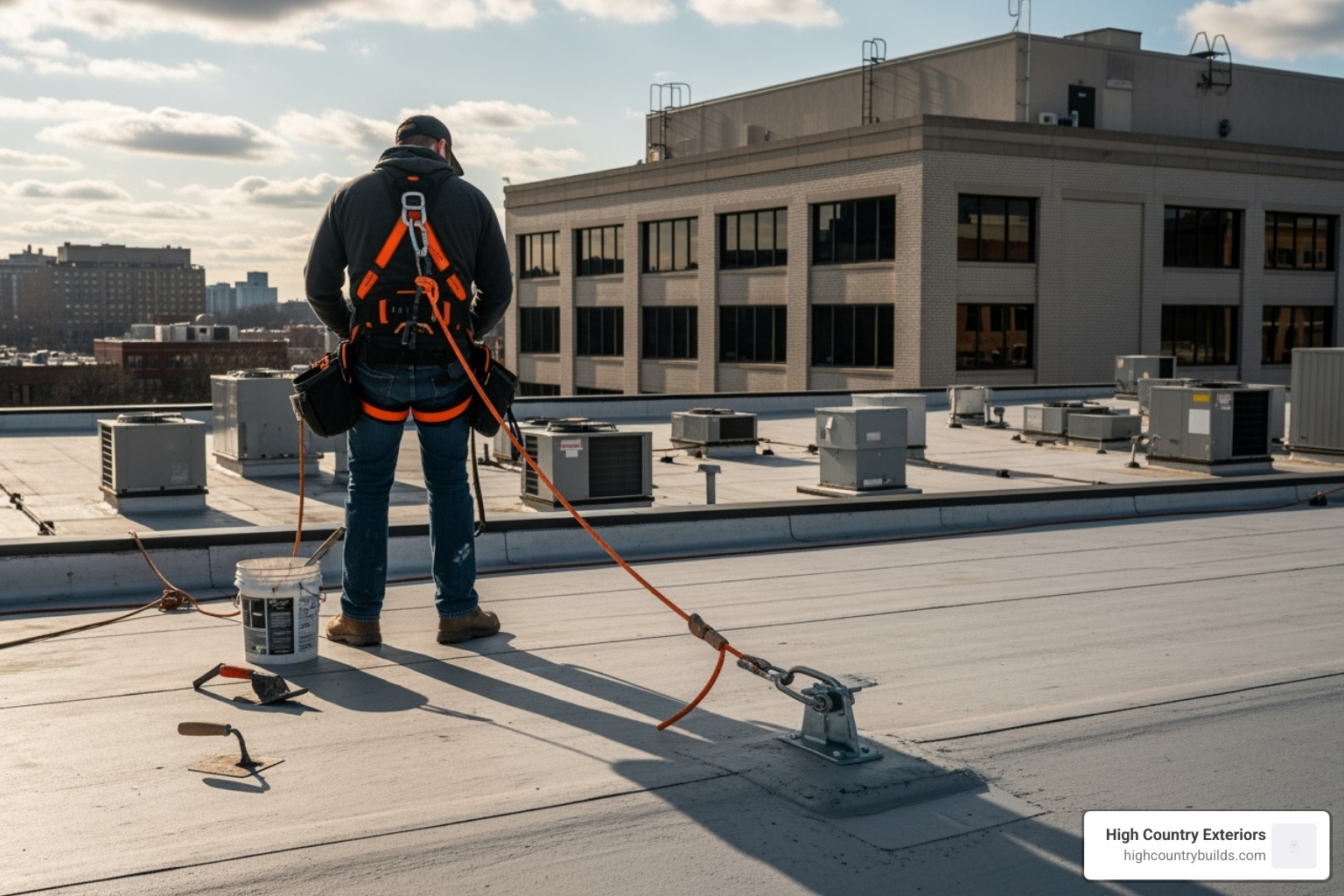 Commercial roofer wearing a full personal fall arrest system (PFAS) - what is a commercial roofer