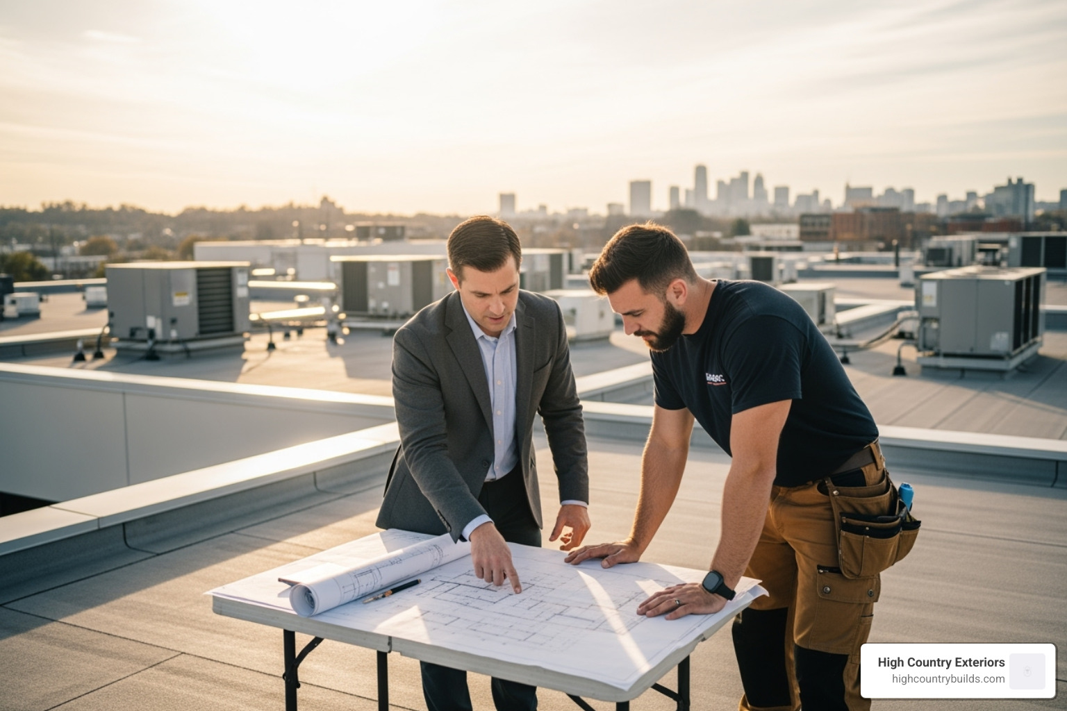 Business owner reviewing plans with a commercial roofer on-site - what is a commercial roofer