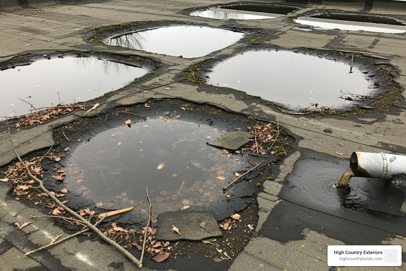 water pooling on a damaged flat roof - Roof waterproofing services water pooling on a damaged flat roof - Roof waterproofing services