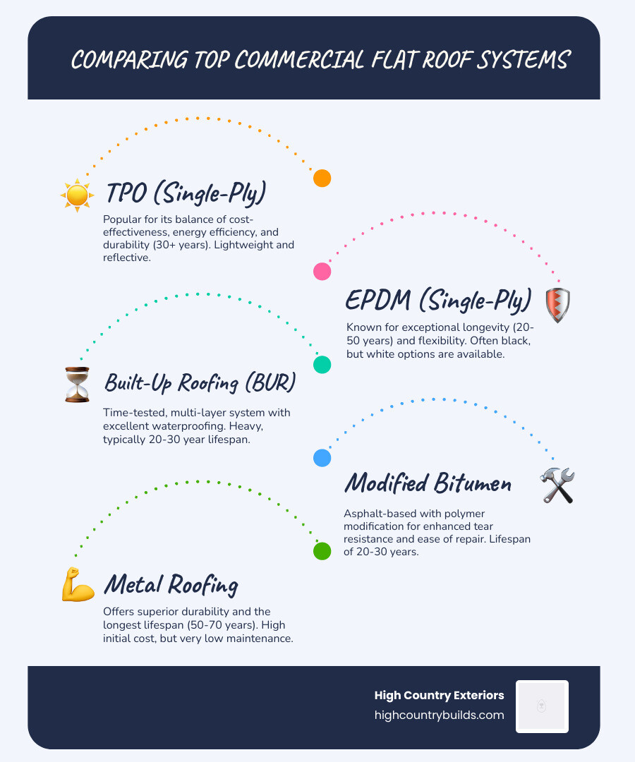 Infographic comparing TPO, EPDM, BUR, Mod Bit, and Metal roofs by lifespan, cost, maintenance, and energy efficiency - flat roof systems for commercial buildings infographic infographic-line-5-steps-blues-accent_colors