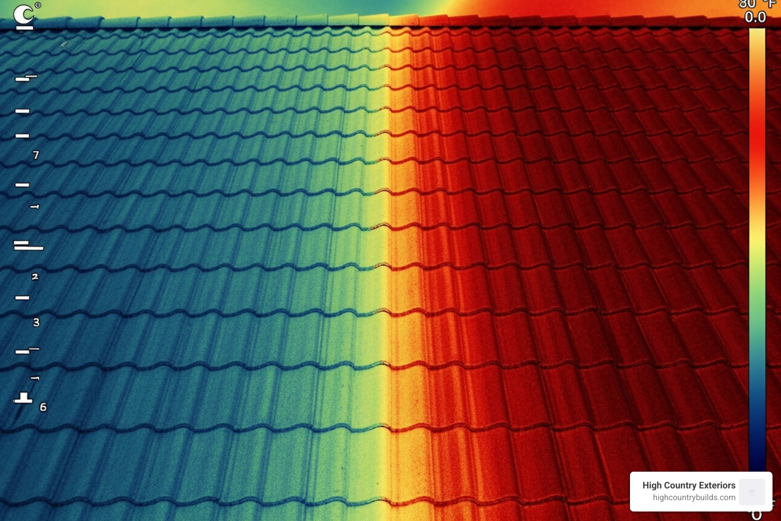 Thermal camera view comparing the cool surface of a coated roof section to the hot surface of an uncoated section - Commercial roof coating Thermal camera view comparing the cool surface of a coated roof section to the hot surface of an uncoated section - Commercial roof coating