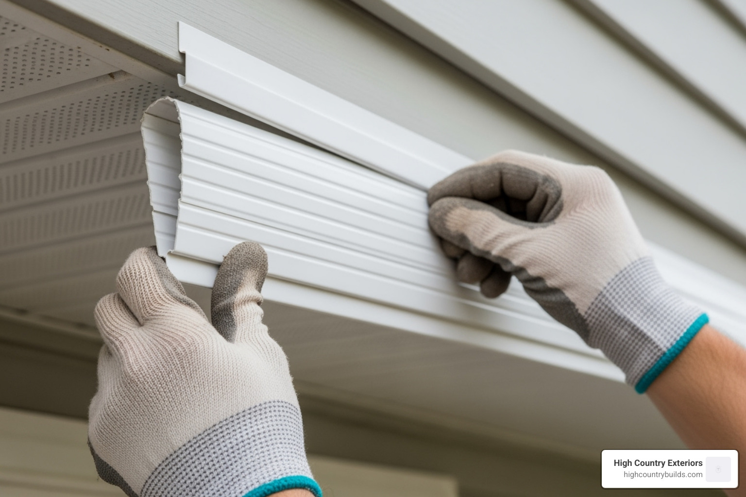 New soffit panel being slid into an F-channel - replace fascia and soffit New soffit panel being slid into an F-channel - replace fascia and soffit