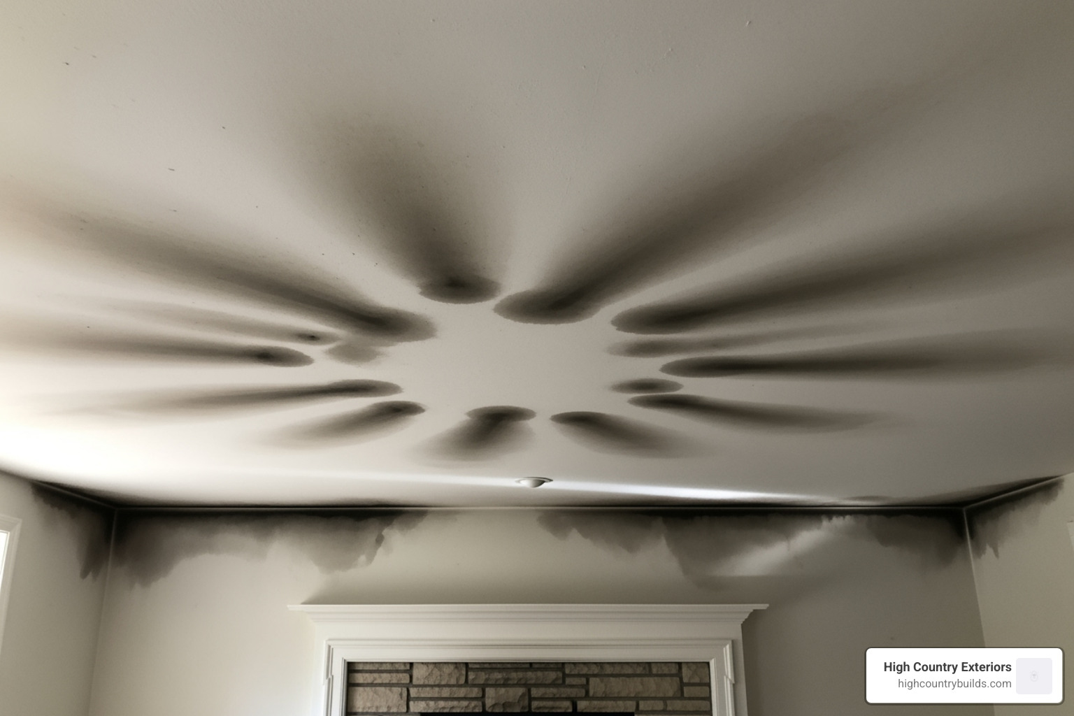 Image of water stains on a ceiling near a fireplace. - Chimney flashing repair Image of water stains on a ceiling near a fireplace. - Chimney flashing repair