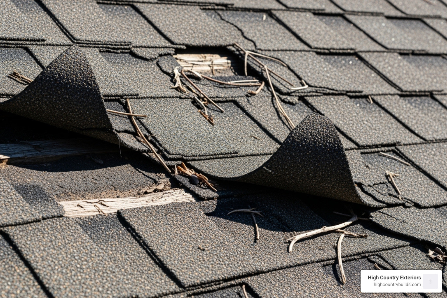image of curling, cracked, and missing asphalt shingles - asphalt roof replacement cost