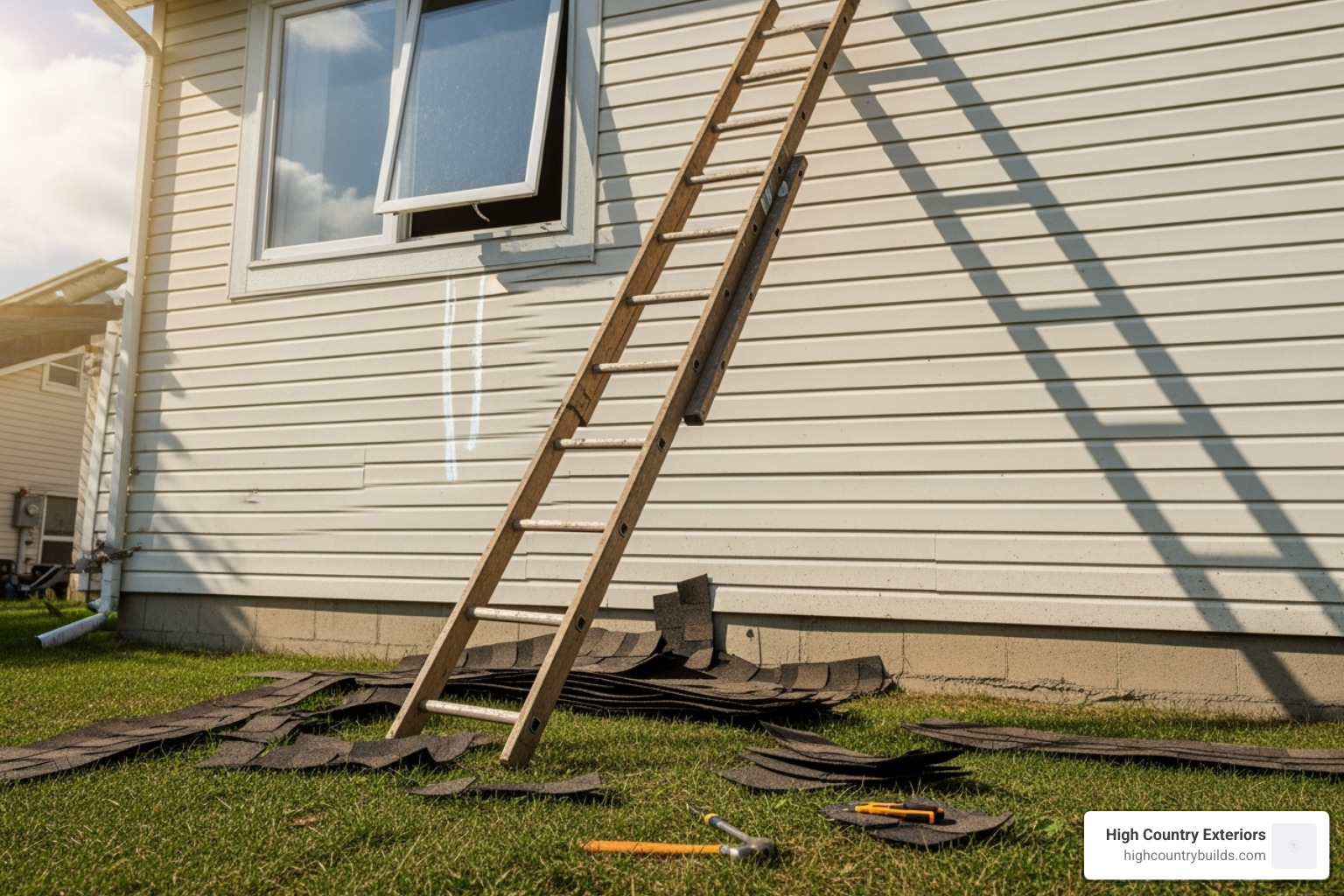 potential roofing accident, like a ladder falling near a window - Insured roofing company potential roofing accident, like a ladder falling near a window - Insured roofing company