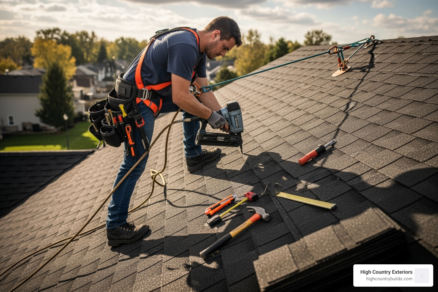 A person safely secured on a roof with a harness - Asphalt shingle replacement