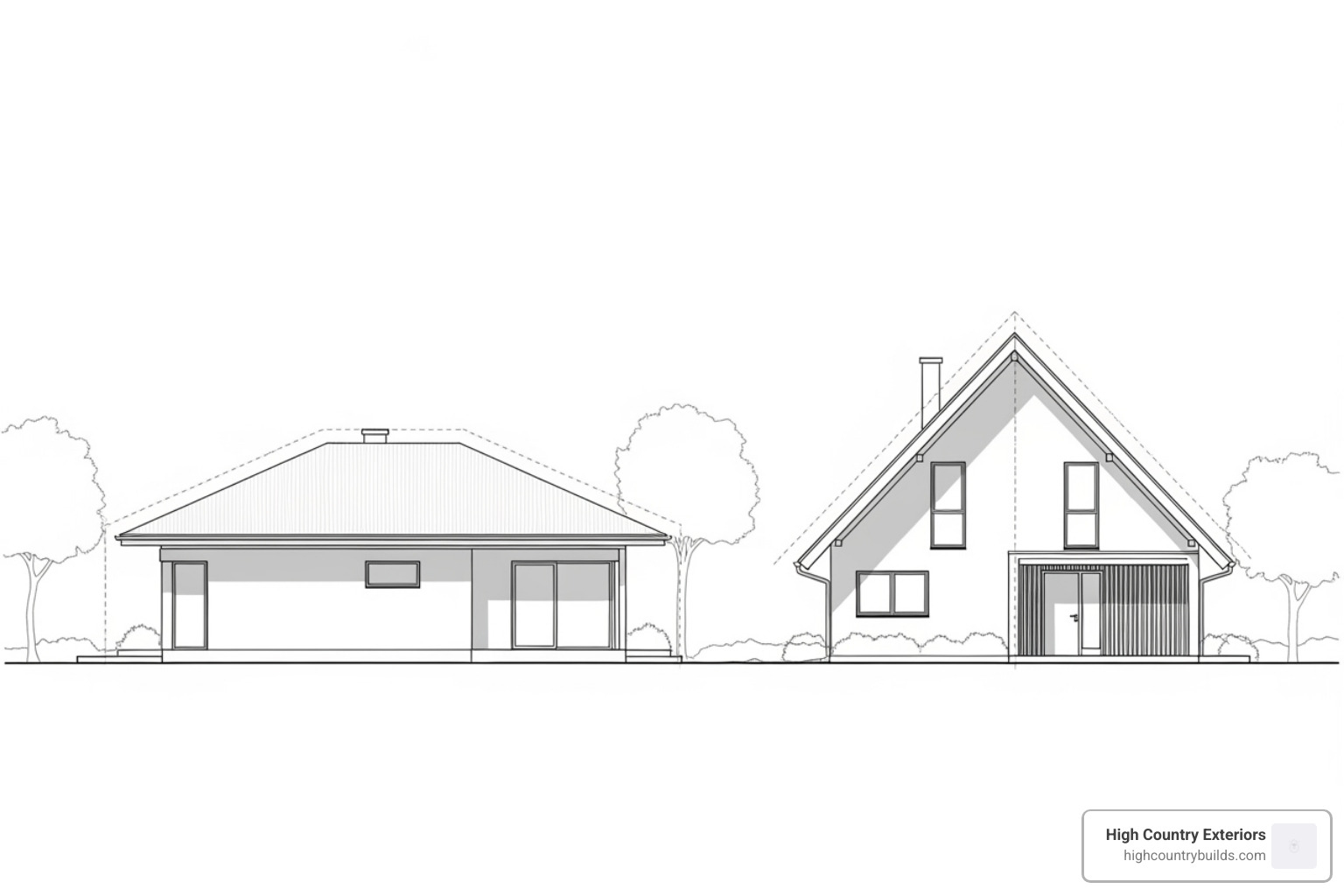 illustration showing the difference between a low-pitch roof and a steep-pitch roof - asphalt roof replacement cost