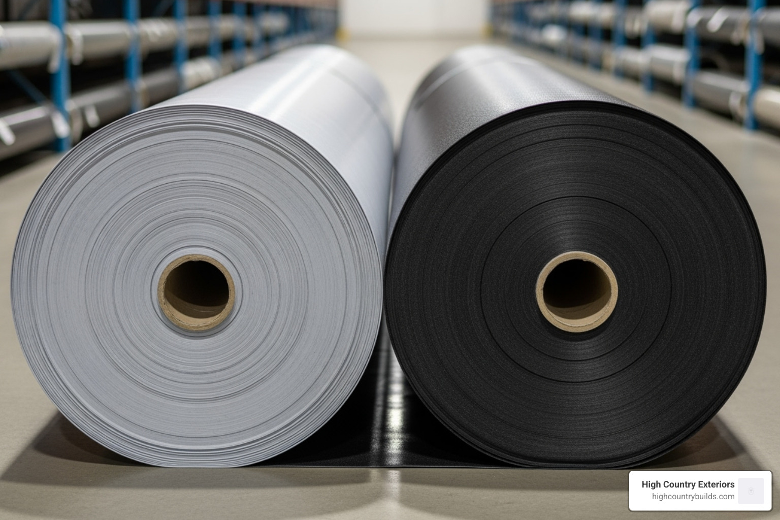 TPO and EPDM roofing material rolls side-by-side - residential flat roof replacement TPO and EPDM roofing material rolls side-by-side - residential flat roof replacement