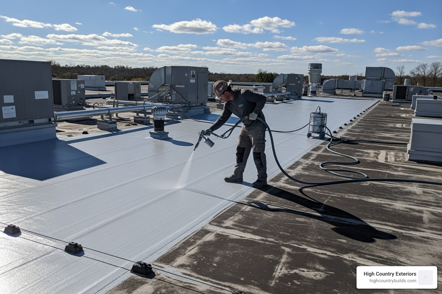 Professional applying a coating with a high-pressure sprayer - Commercial roof coating Professional applying a coating with a high-pressure sprayer - Commercial roof coating