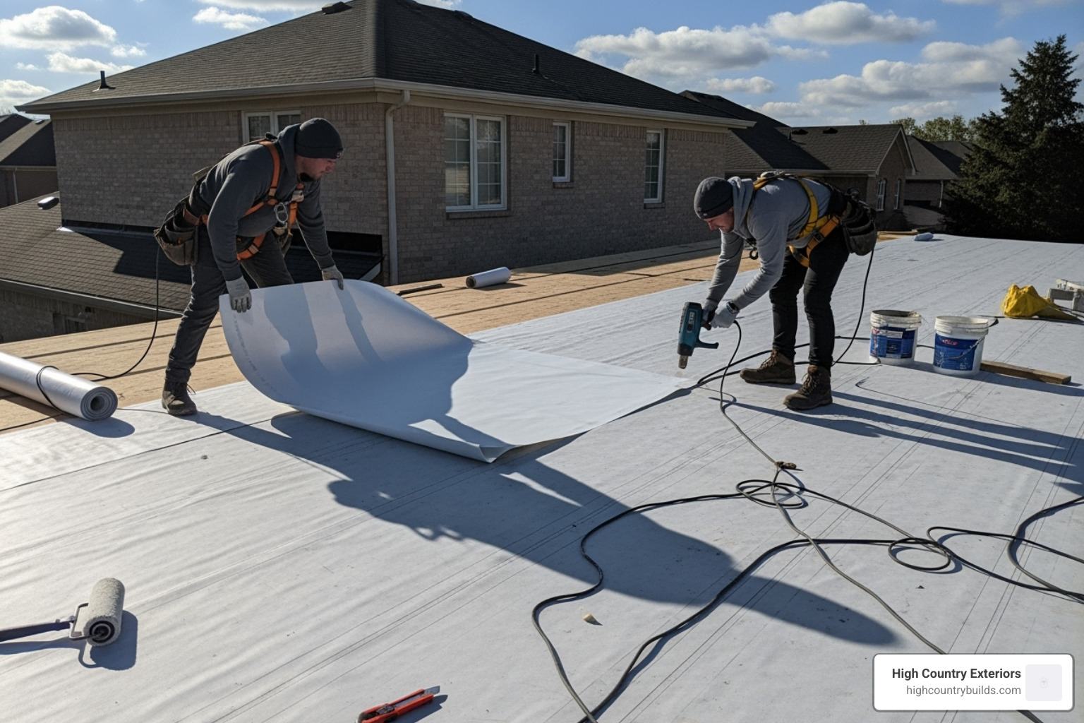 professional roofers installing a new flat roof membrane - residential flat roof replacement professional roofers installing a new flat roof membrane - residential flat roof replacement