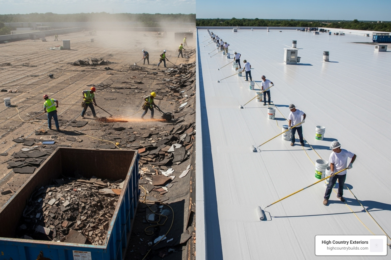 Disruptive roof tear-off on one side and a clean, quiet coating application on the other - Commercial roof coating Disruptive roof tear-off on one side and a clean, quiet coating application on the other - Commercial roof coating