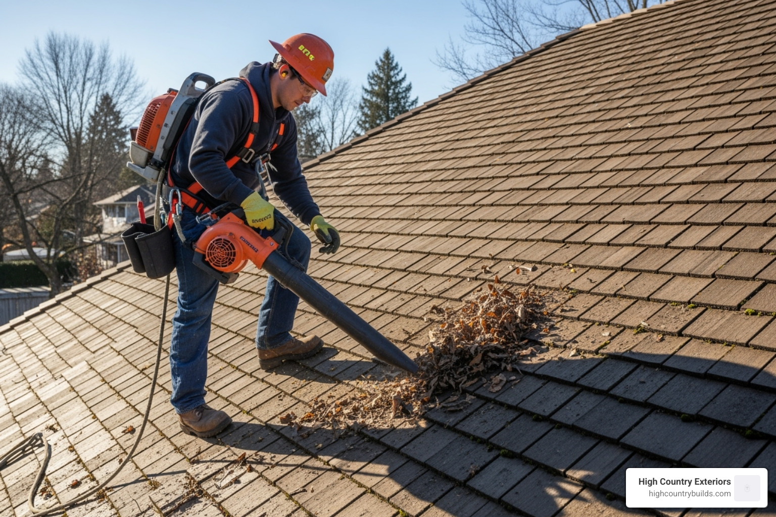 A roofer safely cleaning debris off a wood shake roof with a leaf blower, emphasizing proper safety gear - Wood shake repair