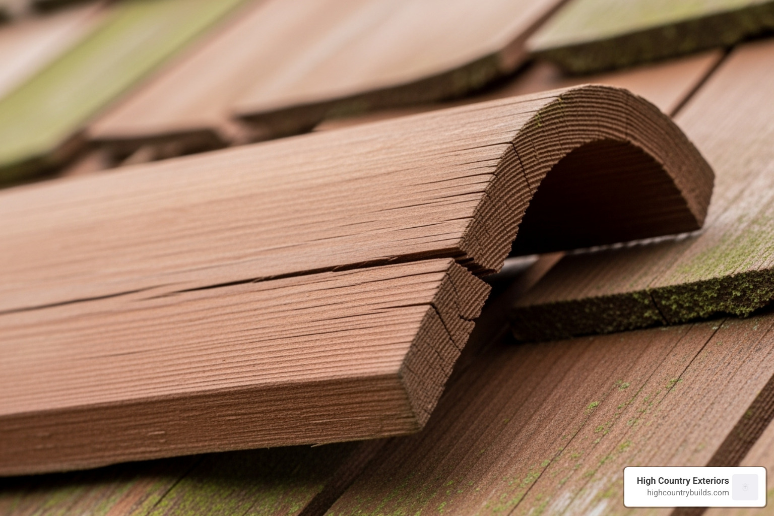 Close-up of a wood shake curling upwards at the edges - Wood shake repair