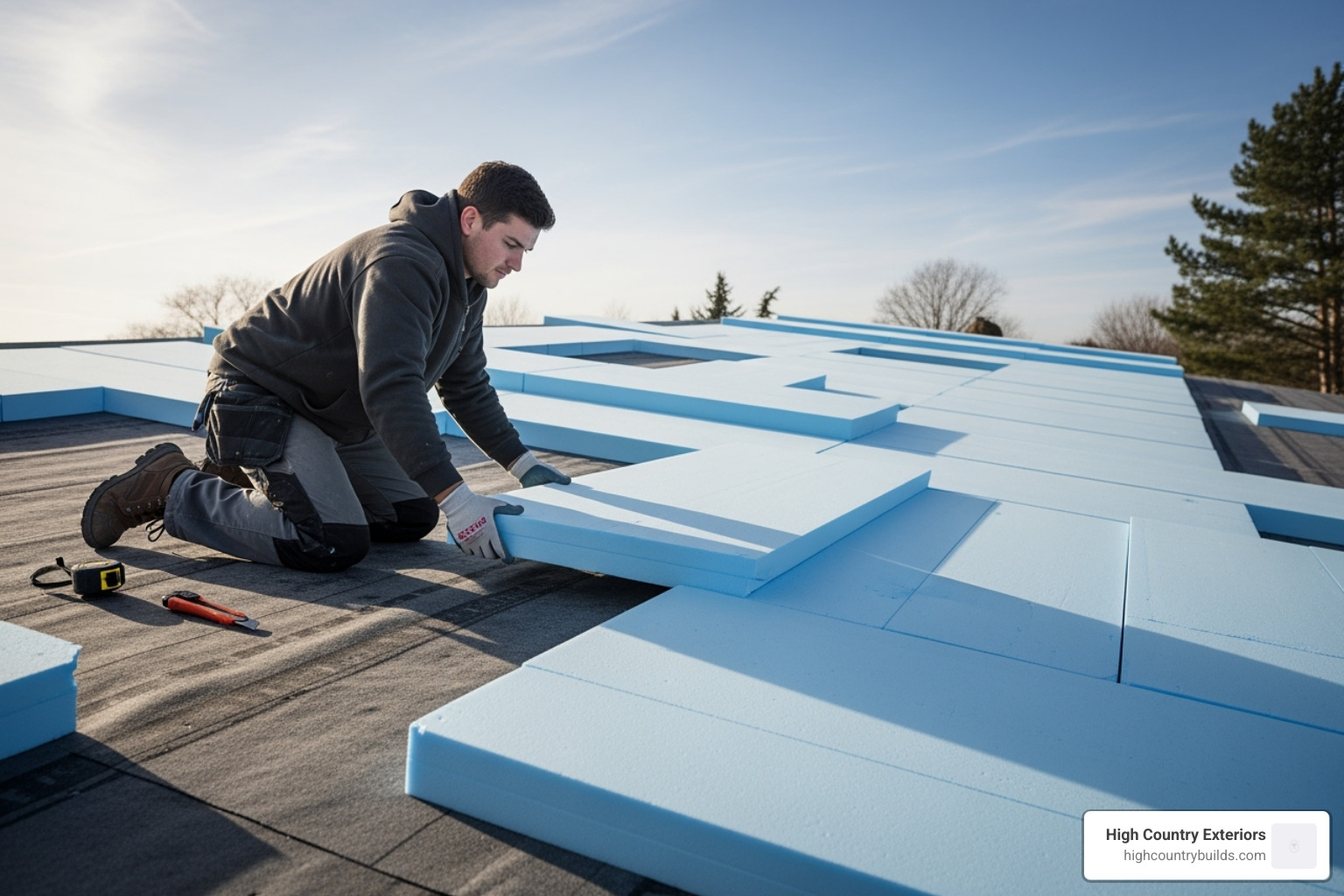 Professional installing rigid foam board insulation on a low-slope roof. - insulating low slope residential roofs