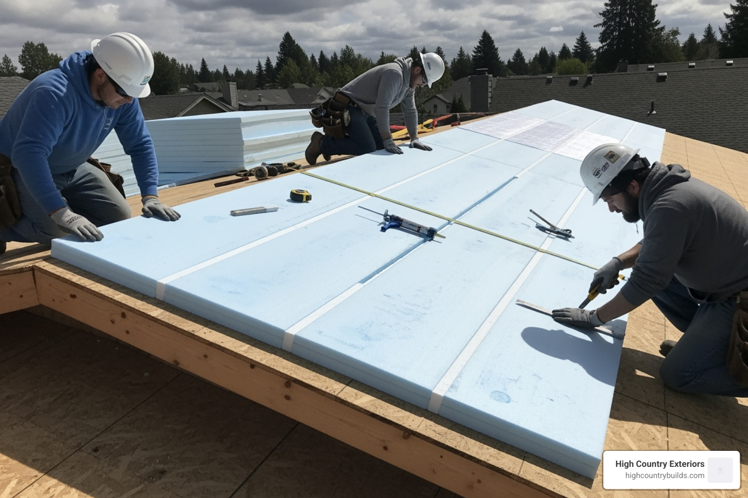 Thick layer of rigid foam over roof sheathing. - insulating low slope residential roofs