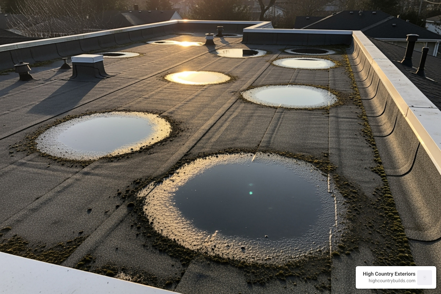 Water ponding on a flat roof, indicating a drainage issue. - insulating low slope residential roofs